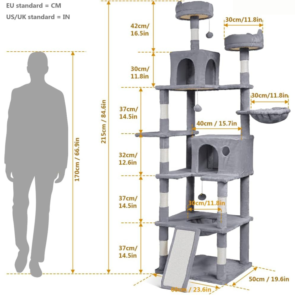 Árbol Rascador Gigante para Gatos VOUNOT 215 cm Gris